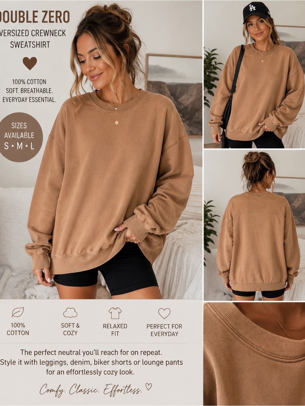 Double Zero Women's Oversized Crewneck Sweatshirt - Camel